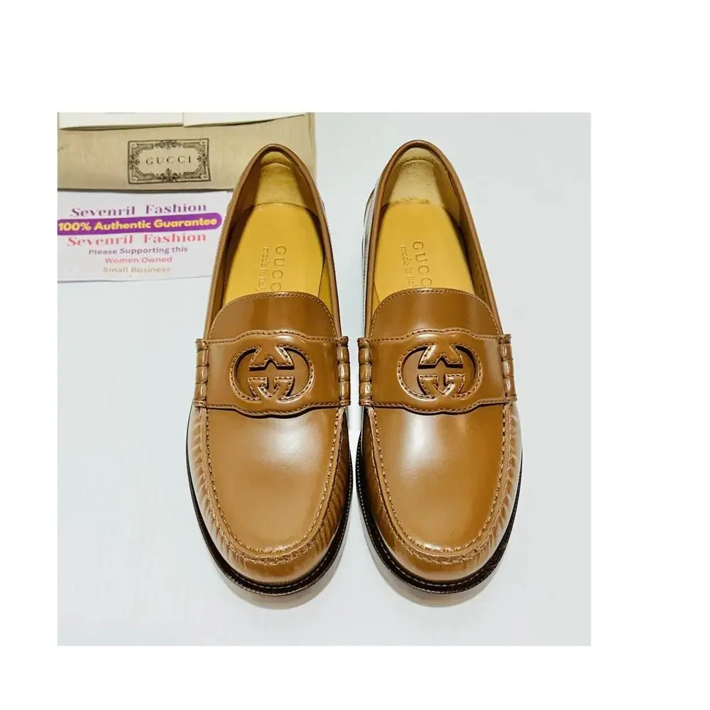 NIB Gucci Interlocking G Size 7.5 US 8 Brown Leather Loafers Slip-On Shoes